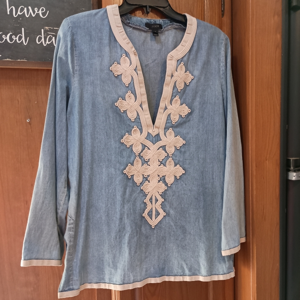 J. Crew Blue Denim Embroidered Women's Tunic Style Top Renaissance Size 8